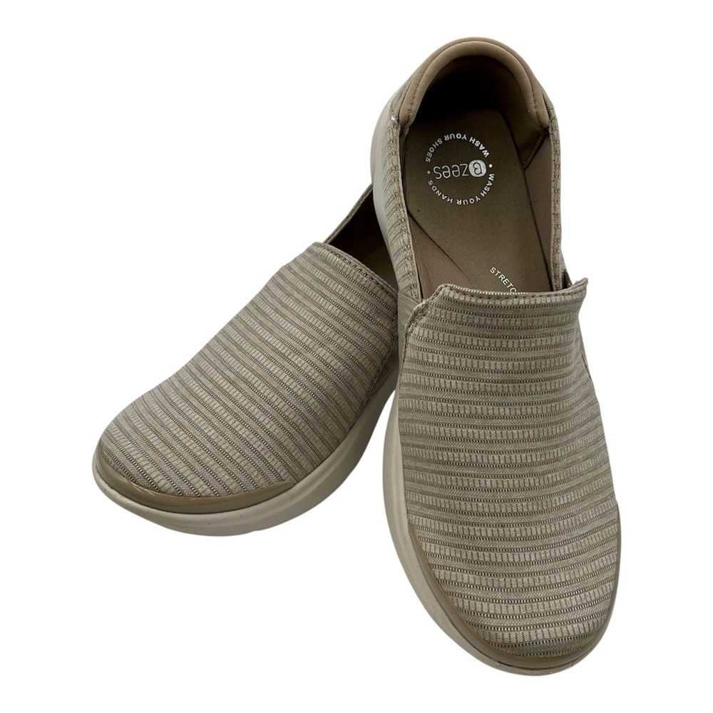 Bzees Jitterbug Taupe Stretch Fabric Slip On Sneakers Wm's 9.5M Washable Comfort